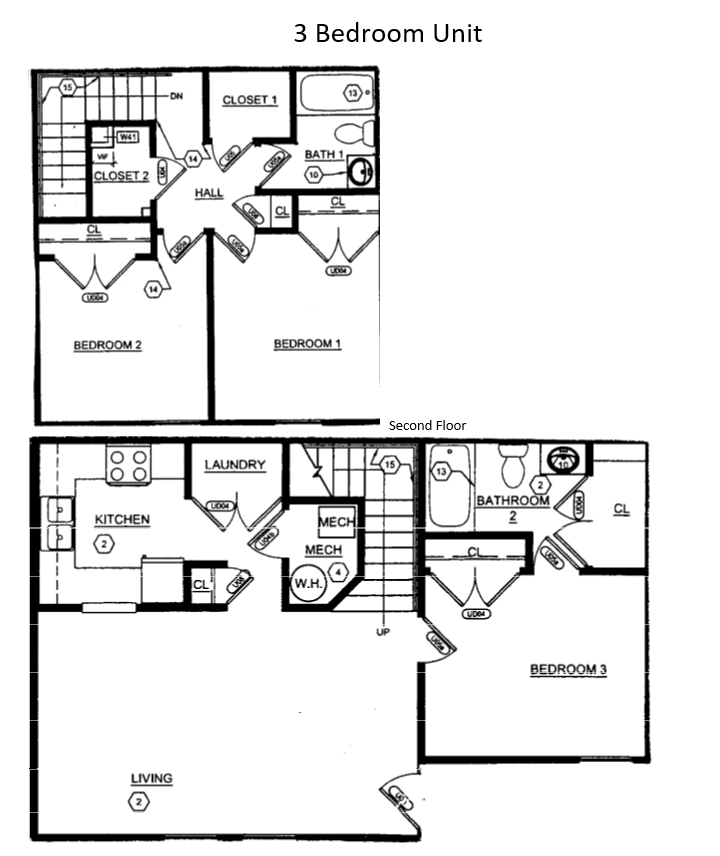 Floor plan for 3 beds, 2 baths
